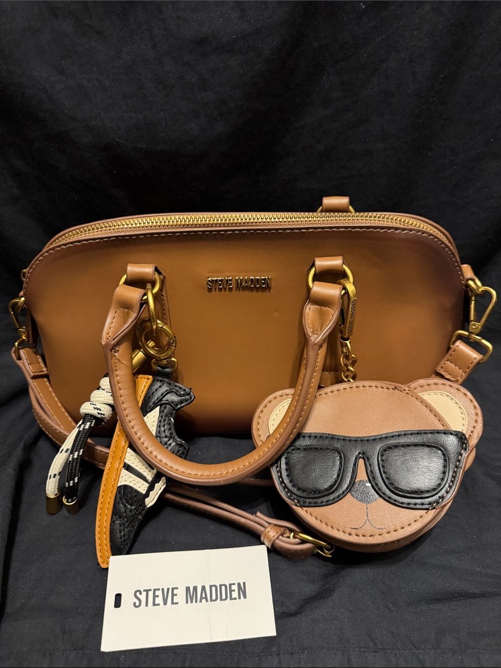 Steve Madden Brown Leather Crossbody Bag with Bear Coin Pouch